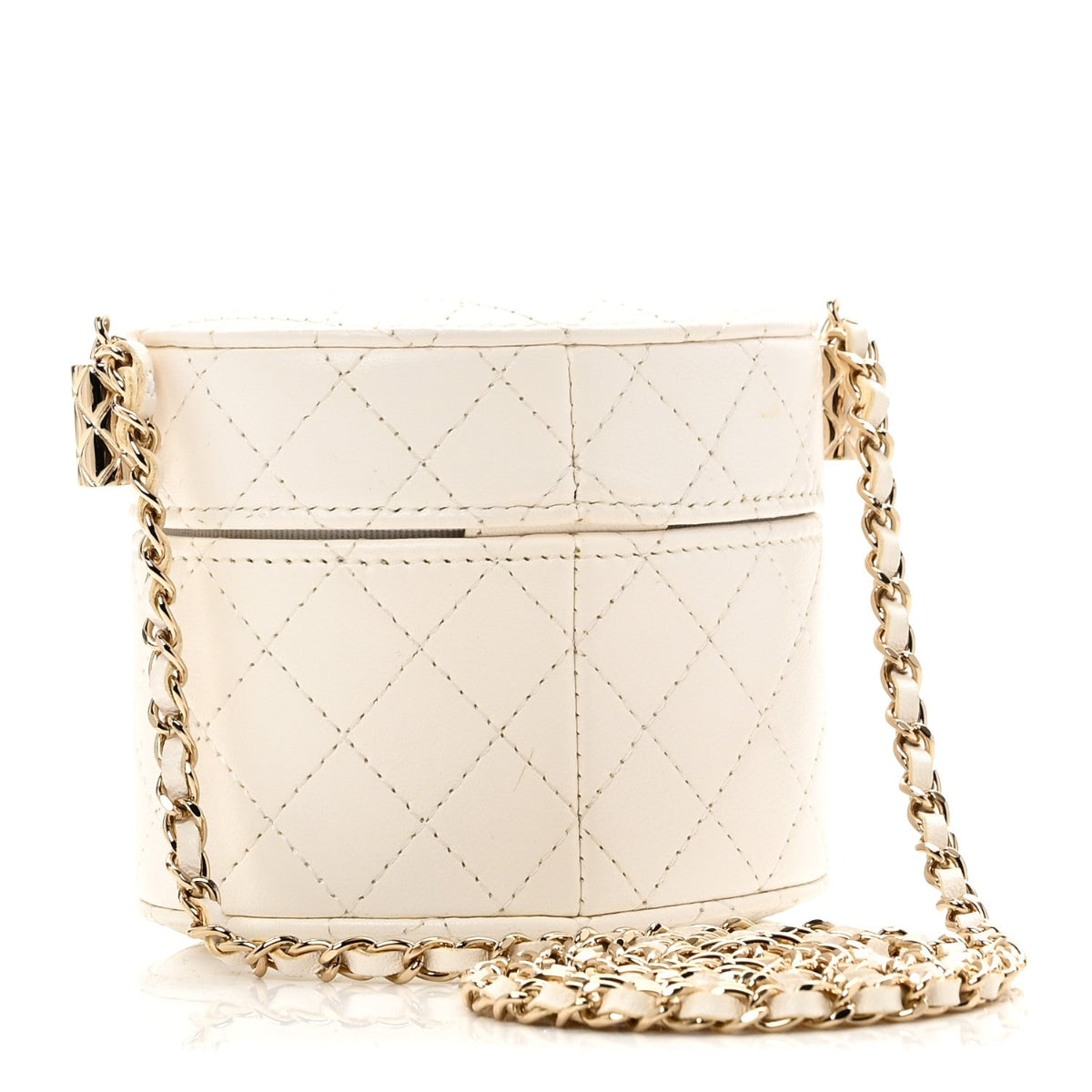 Lambskin Quilted Round Mini Vanity Case With Chain White