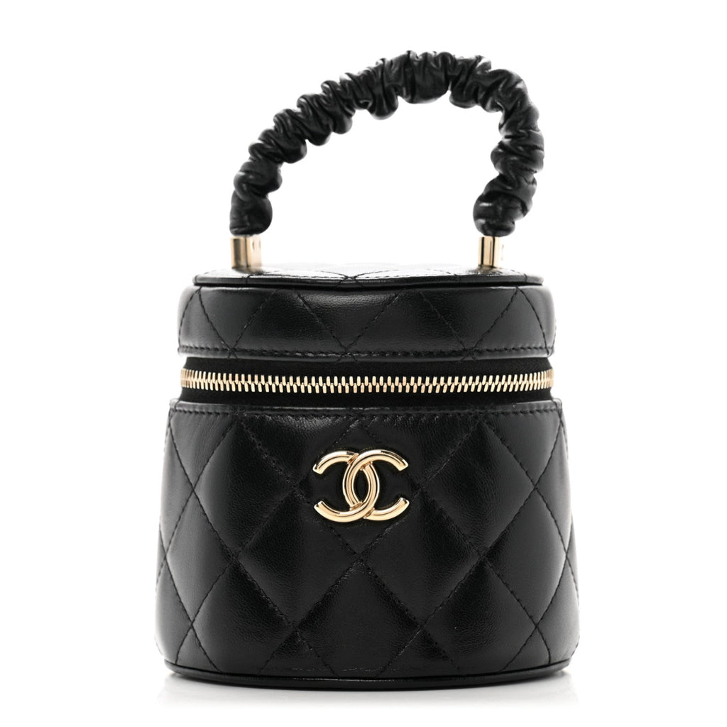 Lambskin Quilted Ruched Handle Vanity Case Black