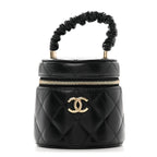 Lambskin Quilted Ruched Handle Vanity Case Black