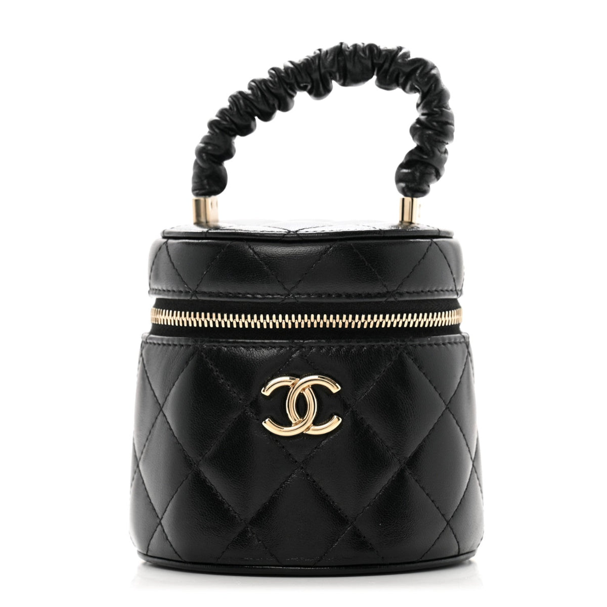 Lambskin Quilted Ruched Handle Vanity Case Black