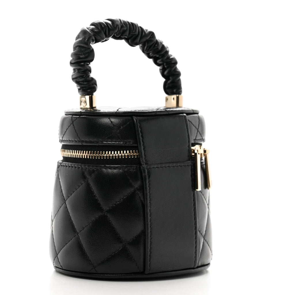 Lambskin Quilted Ruched Handle Vanity Case Black