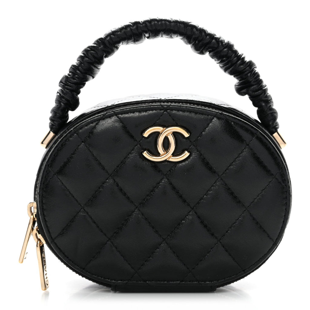 Lambskin Quilted Ruched Top Handle Vanity Case Pink Black