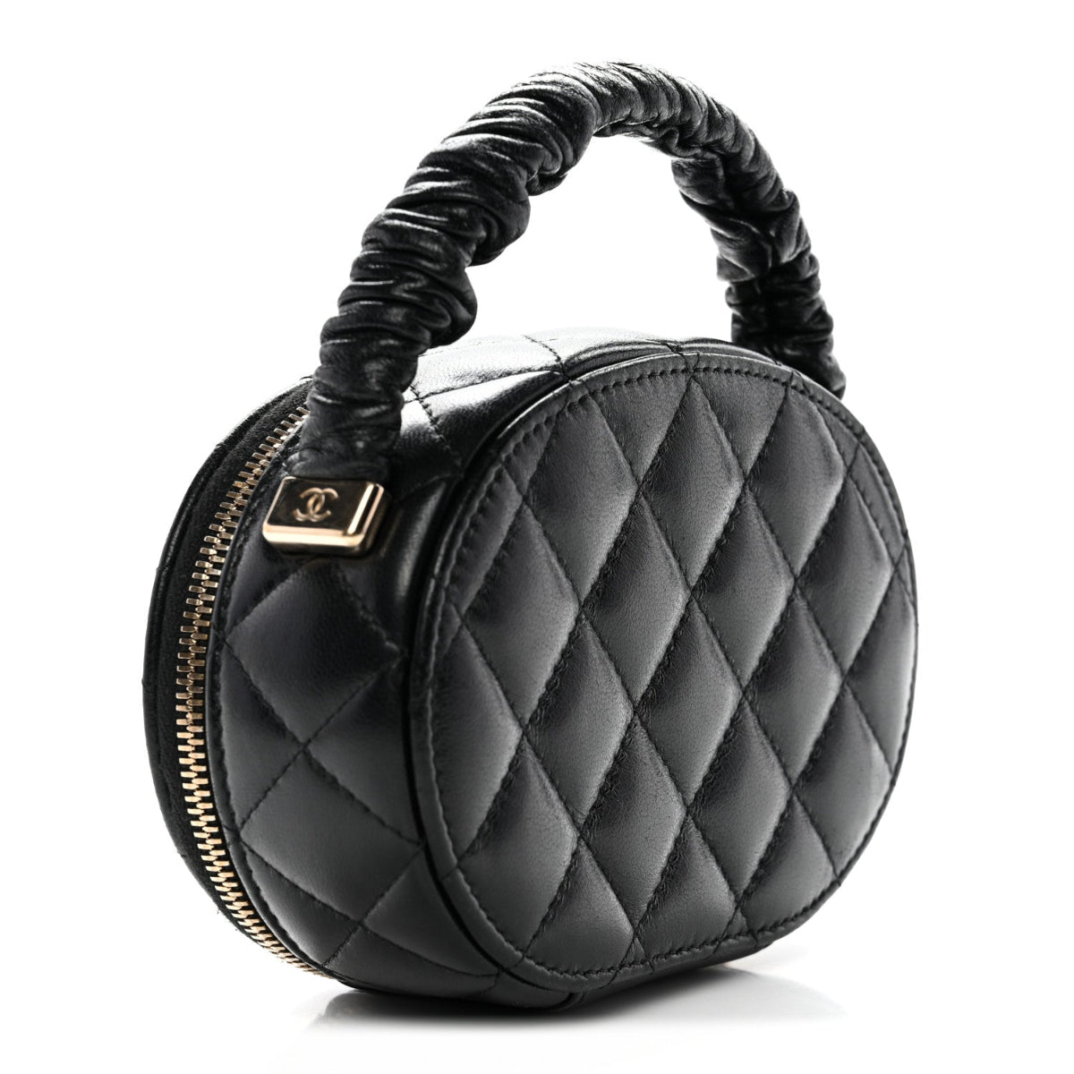Lambskin Quilted Ruched Top Handle Vanity Case Pink Black