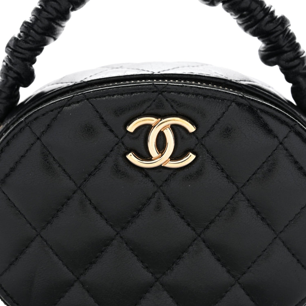 Lambskin Quilted Ruched Top Handle Vanity Case Pink Black
