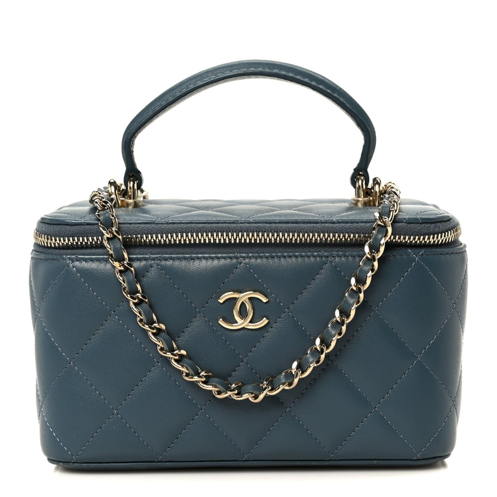 Lambskin Quilted Small Top Handle Vanity Case With Chain Blue