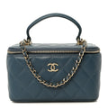 Lambskin Quilted Small Top Handle Vanity Case With Chain Blue