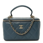 Lambskin Quilted Small Top Handle Vanity Case With Chain Blue