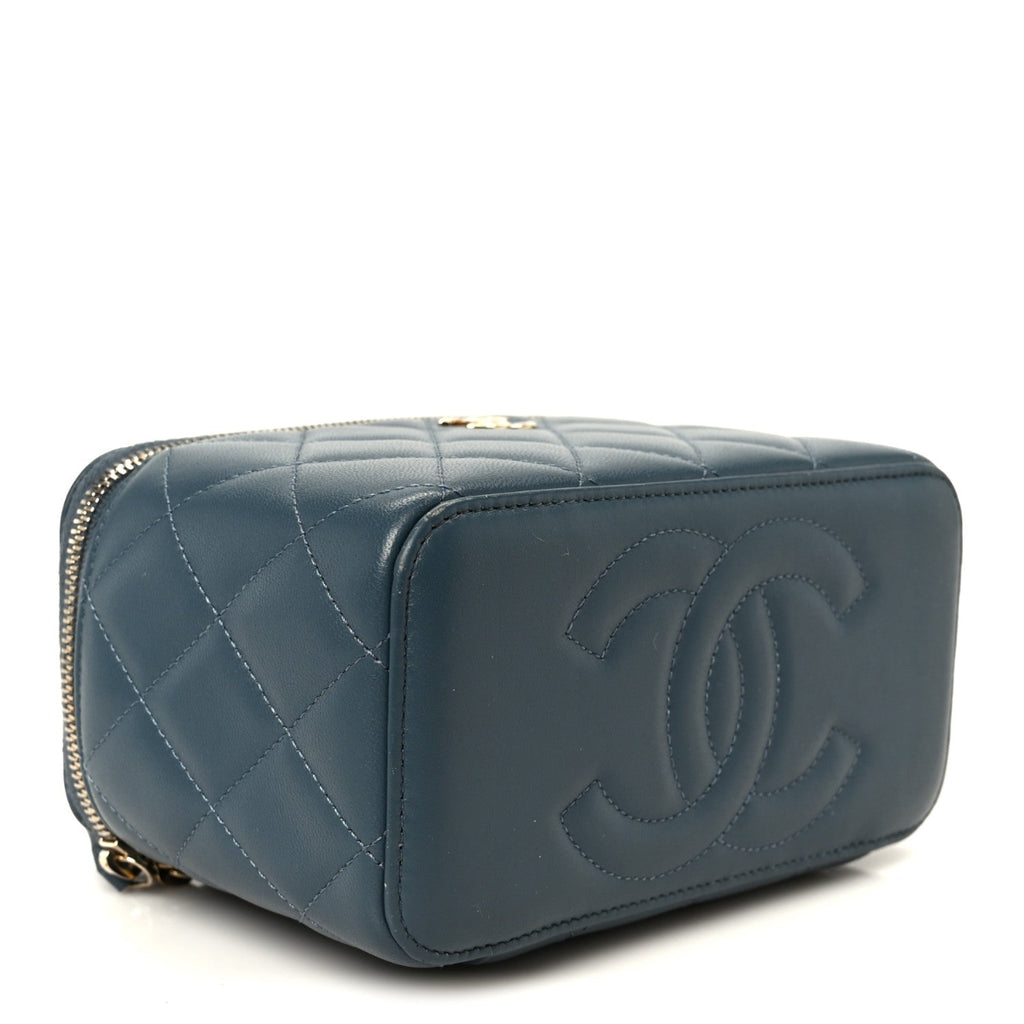 Lambskin Quilted Small Top Handle Vanity Case With Chain Blue