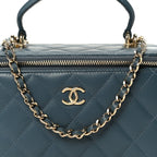 Lambskin Quilted Small Top Handle Vanity Case With Chain Blue