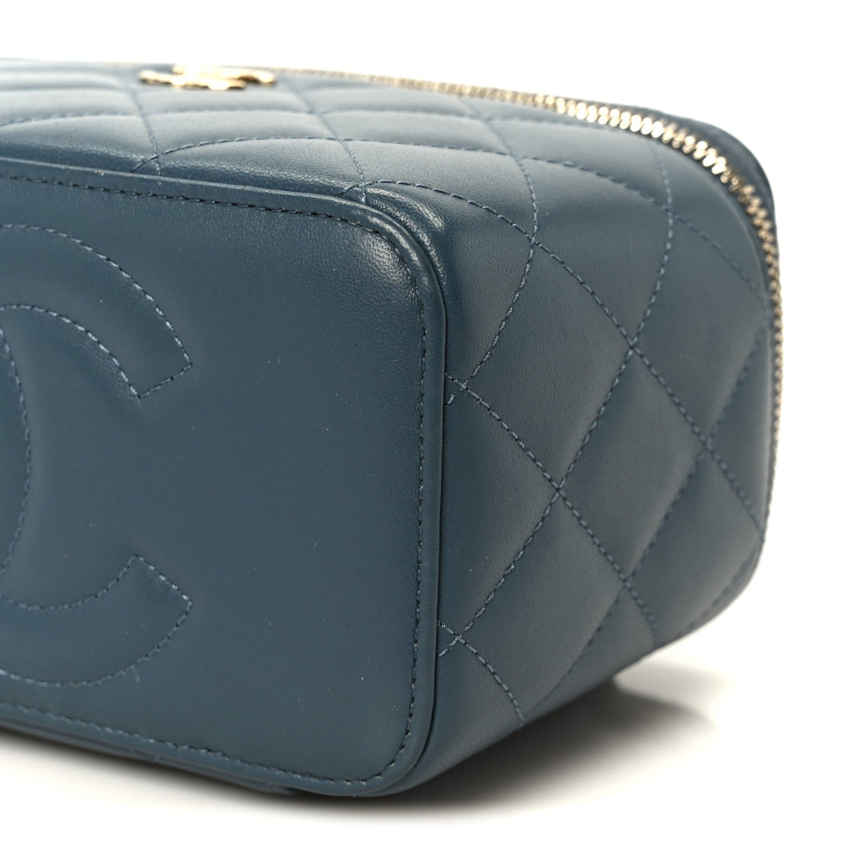 Lambskin Quilted Small Top Handle Vanity Case With Chain Blue