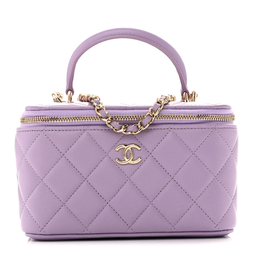 Lambskin Quilted Small Top Handle Vanity Case With Chain Light Purple