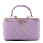 Lambskin Quilted Small Top Handle Vanity Case With Chain Light Purple
