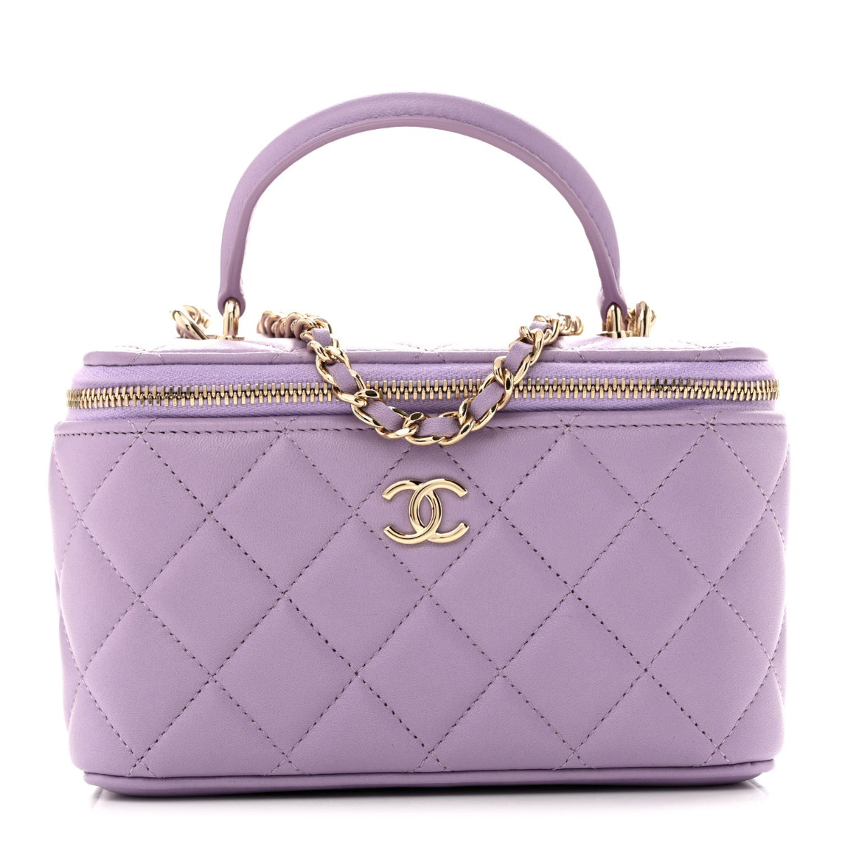Lambskin Quilted Small Top Handle Vanity Case With Chain Light Purple