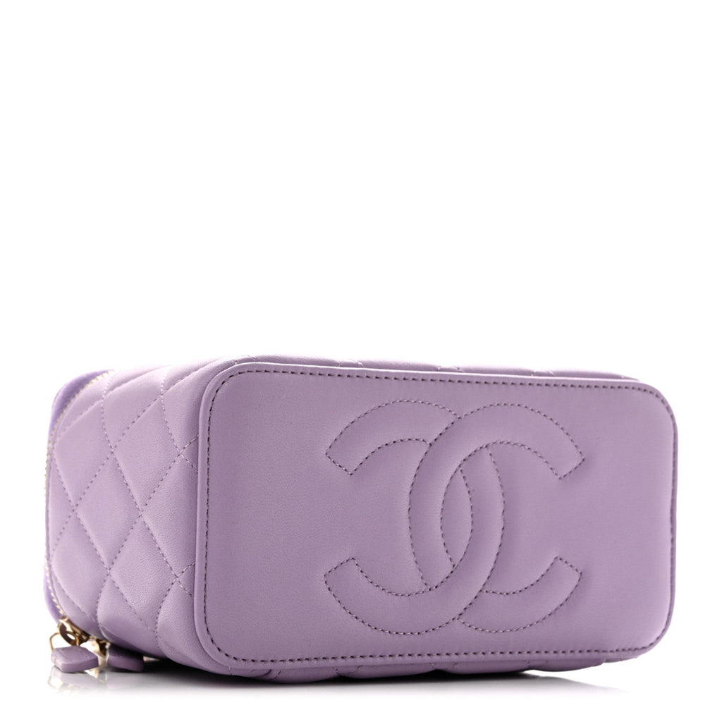 Lambskin Quilted Small Top Handle Vanity Case With Chain Light Purple