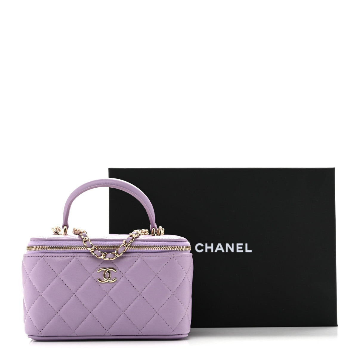 Lambskin Quilted Small Top Handle Vanity Case With Chain Light Purple