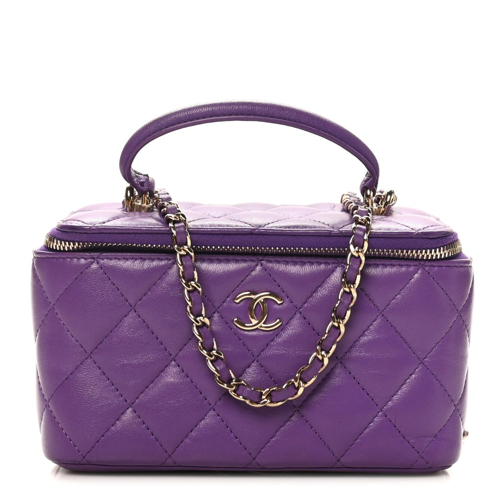 Lambskin Quilted Small Top Handle Vanity Case With Chain Purple