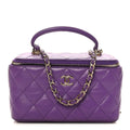 Lambskin Quilted Small Top Handle Vanity Case With Chain Purple