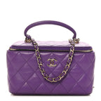 Lambskin Quilted Small Top Handle Vanity Case With Chain Purple