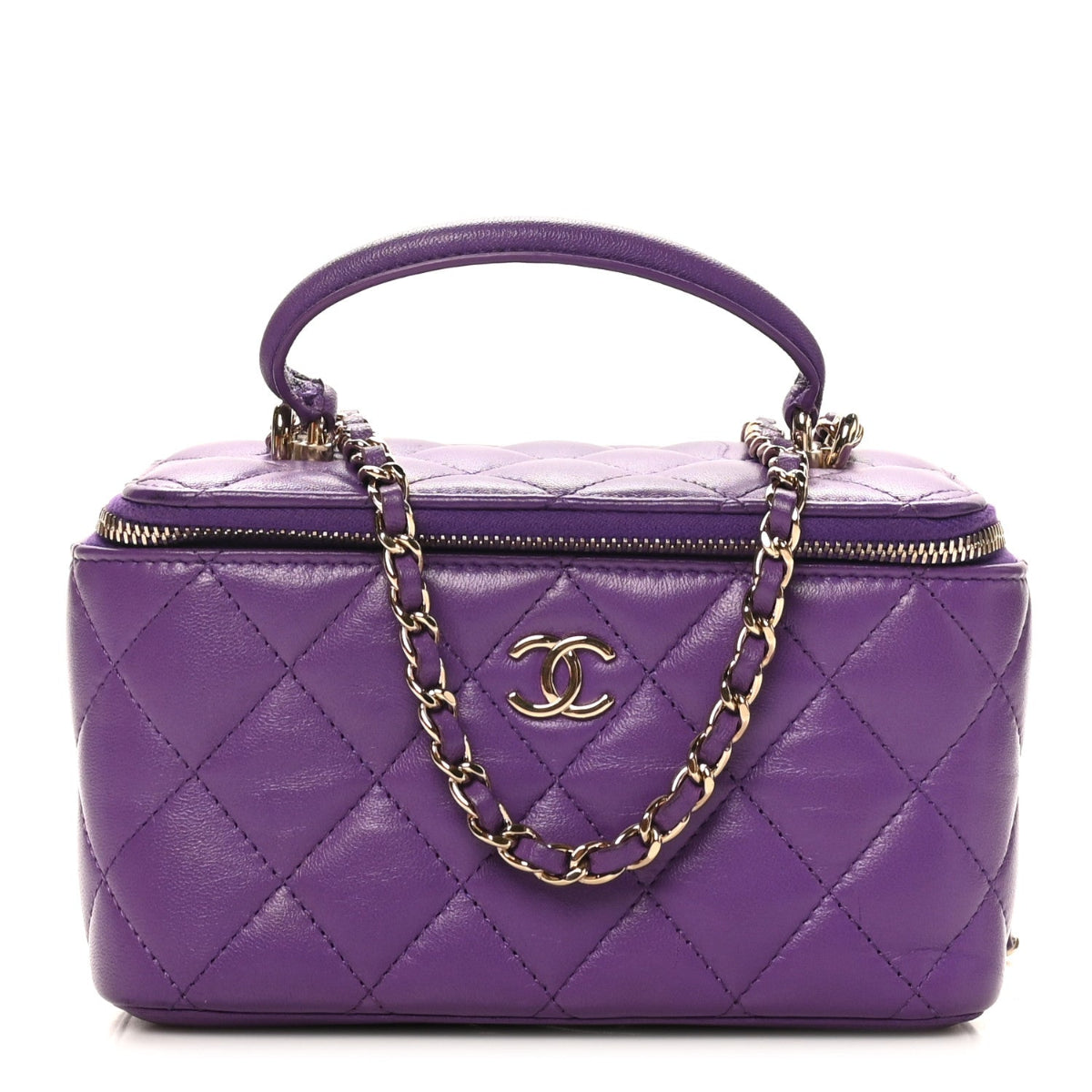 Lambskin Quilted Small Top Handle Vanity Case With Chain Purple