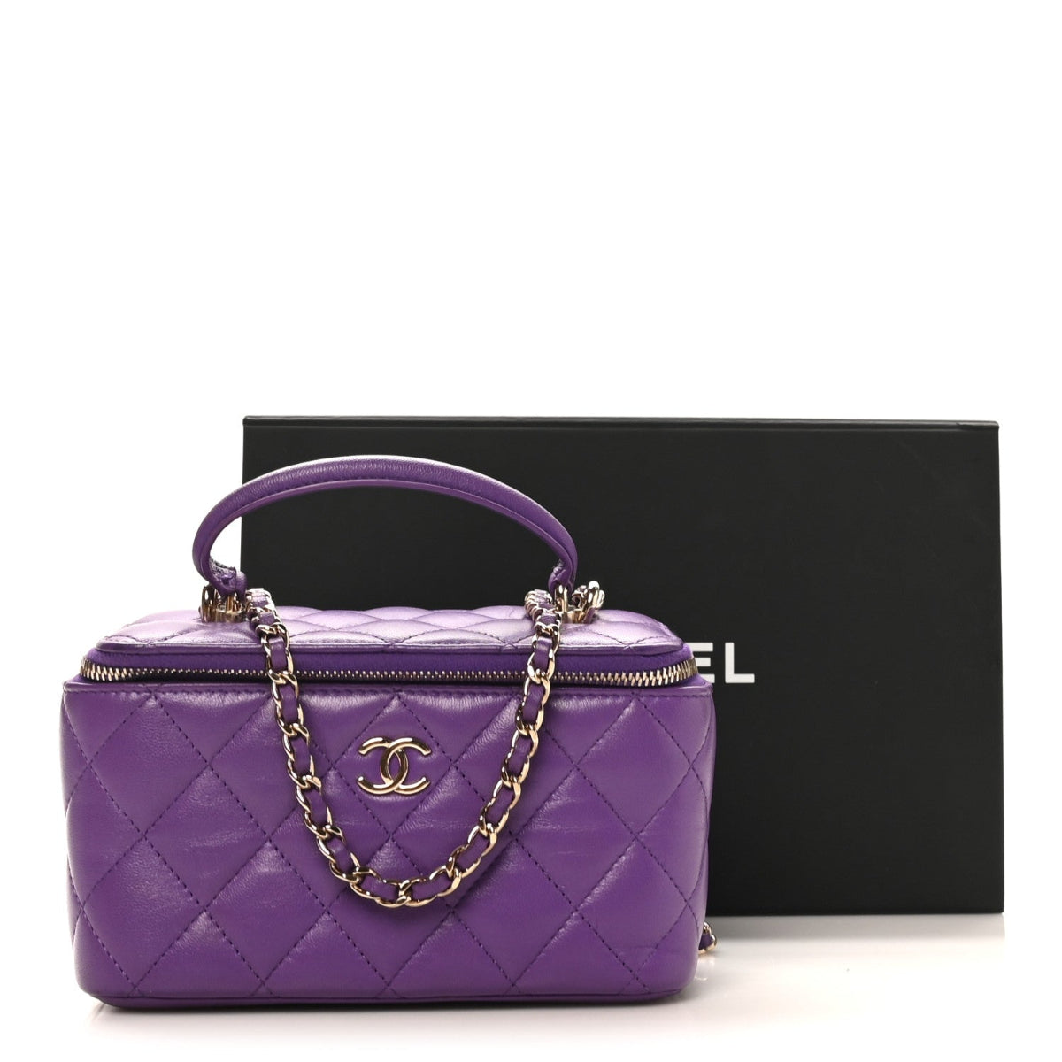 Lambskin Quilted Small Top Handle Vanity Case With Chain Purple