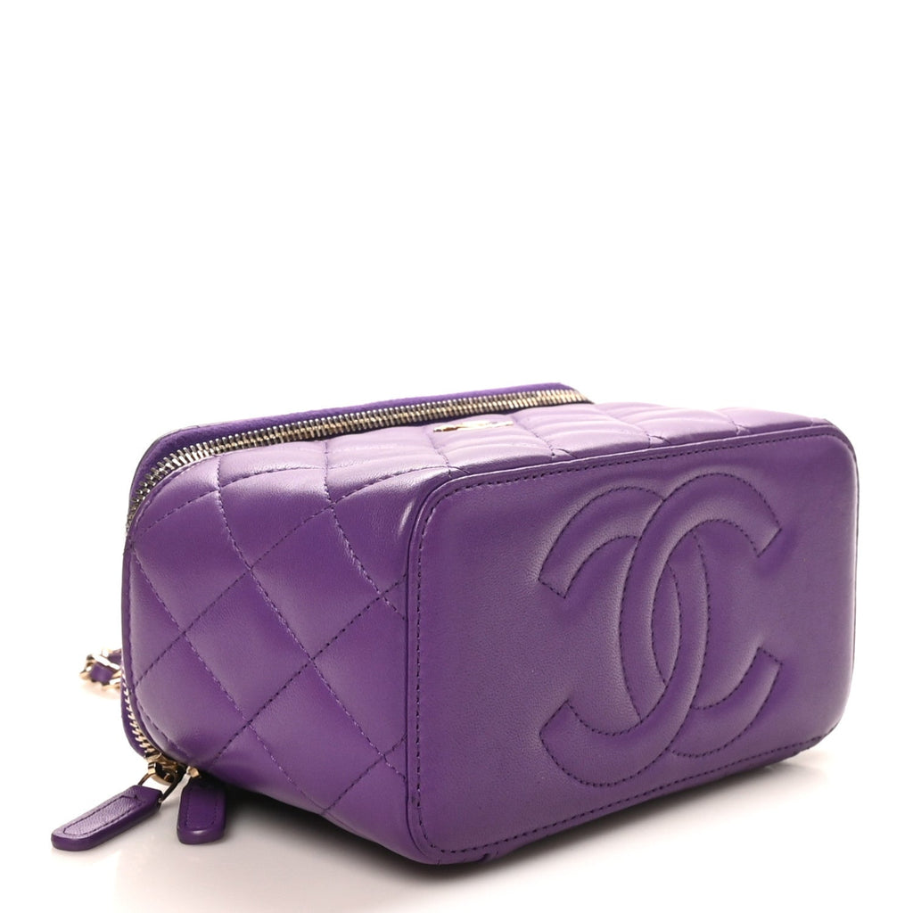 Lambskin Quilted Small Top Handle Vanity Case With Chain Purple