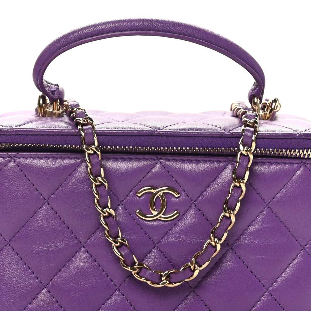 Lambskin Quilted Small Top Handle Vanity Case With Chain Purple