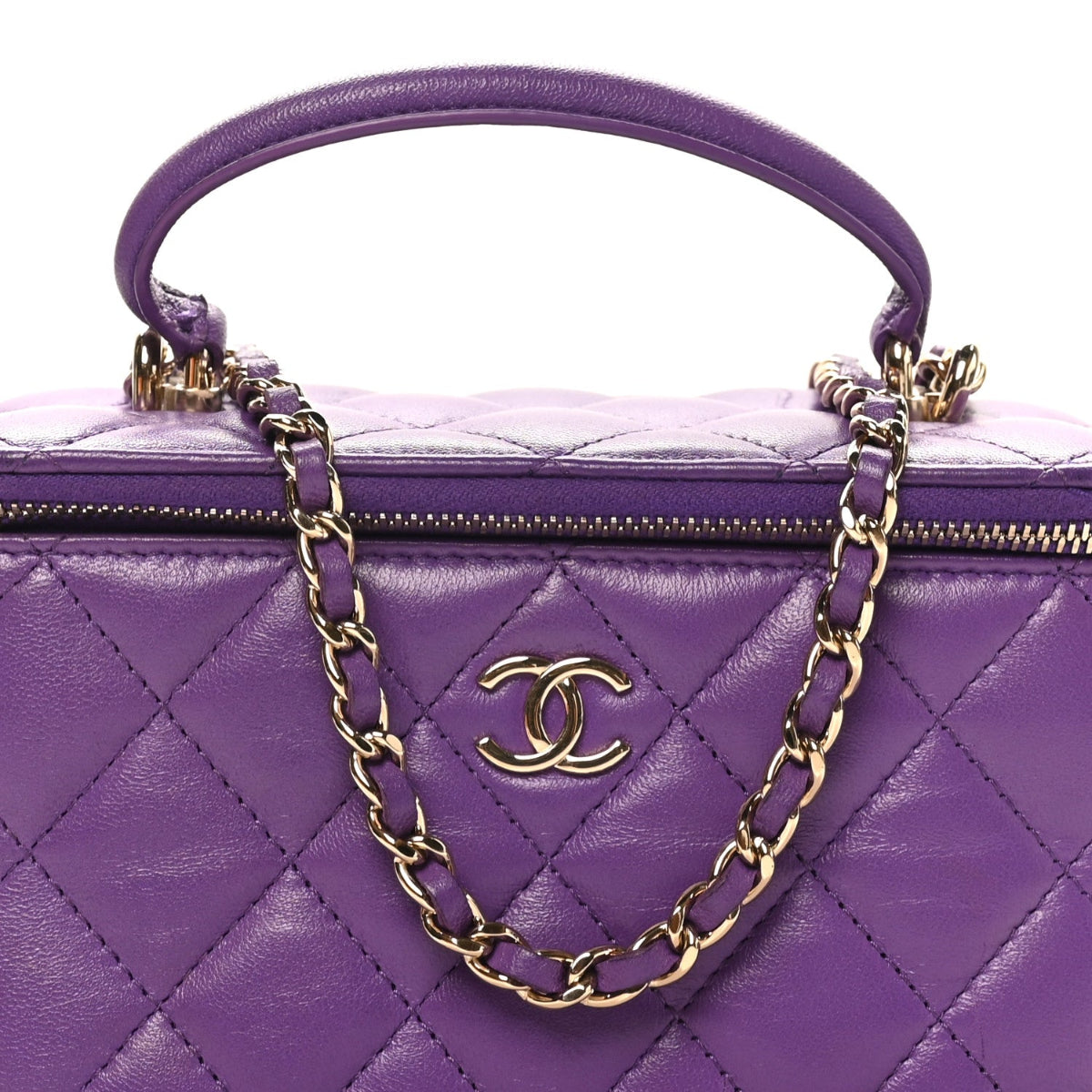 Lambskin Quilted Small Top Handle Vanity Case With Chain Purple