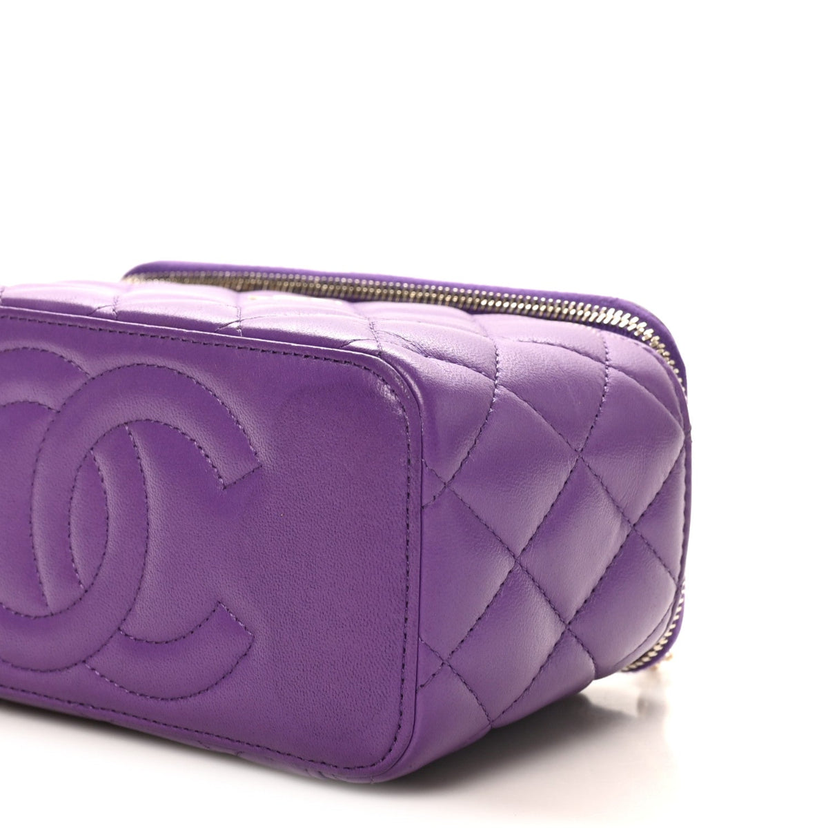 Lambskin Quilted Small Top Handle Vanity Case With Chain Purple