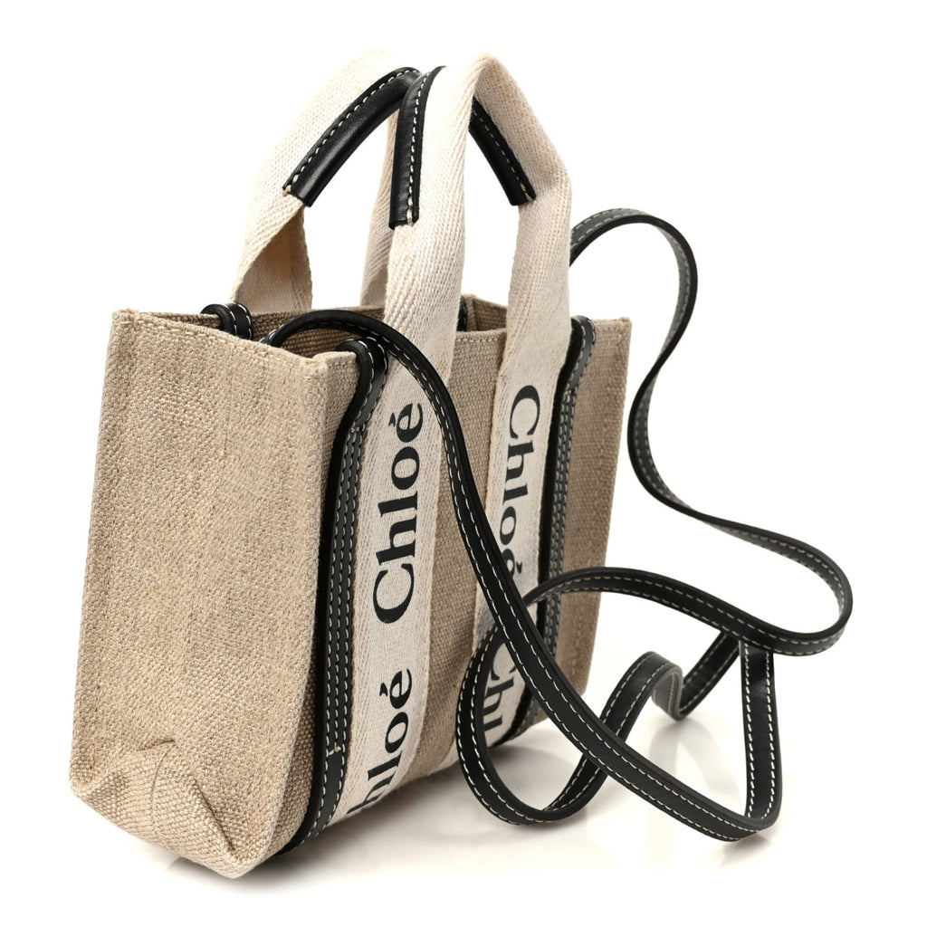 Linen Calfskin Mini Woody Ribbon Tote White Navy
