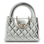 Metallic Aged Calfskin Quilted Nano Kelly Shopper Silvery