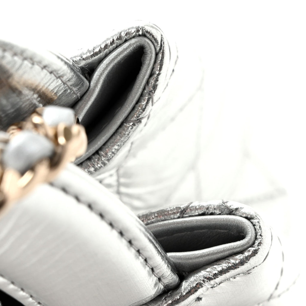 Metallic Aged Calfskin Quilted Nano Kelly Shopper Silvery