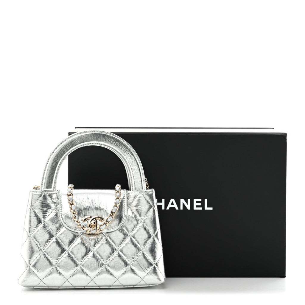Metallic Aged Calfskin Quilted Nano Kelly Shopper Silvery