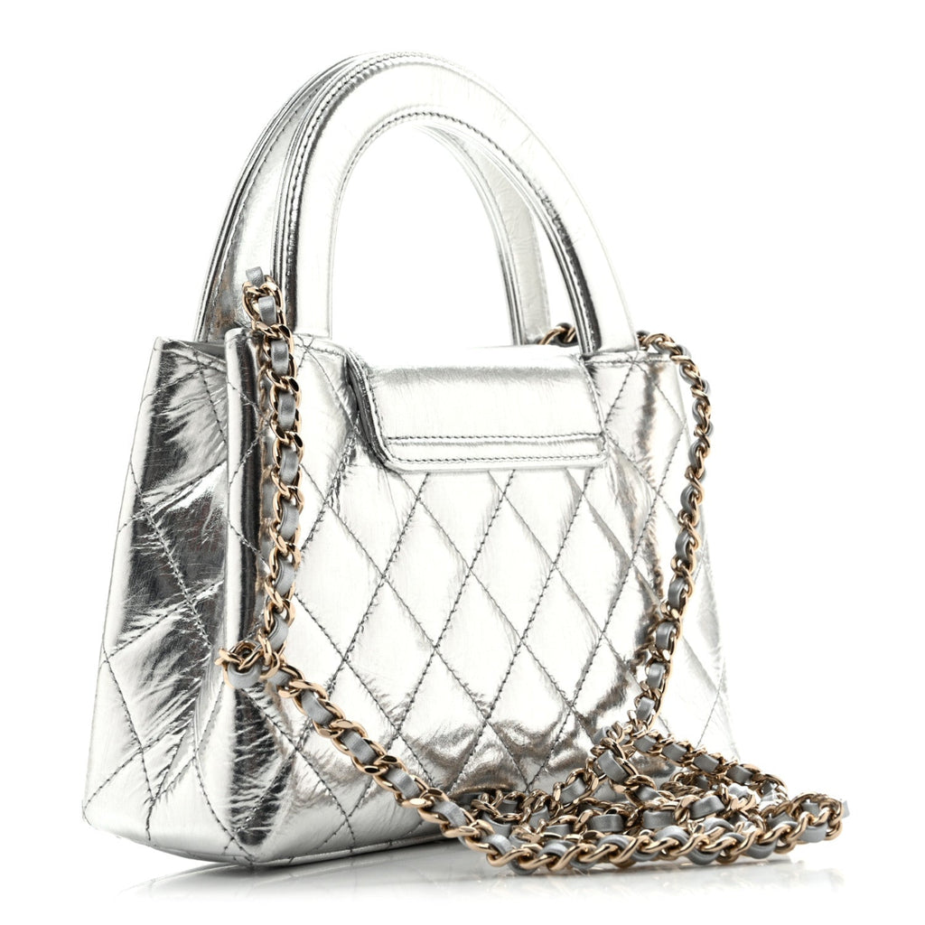 Metallic Aged Calfskin Quilted Nano Kelly Shopper Silvery