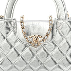 Metallic Aged Calfskin Quilted Nano Kelly Shopper Silvery
