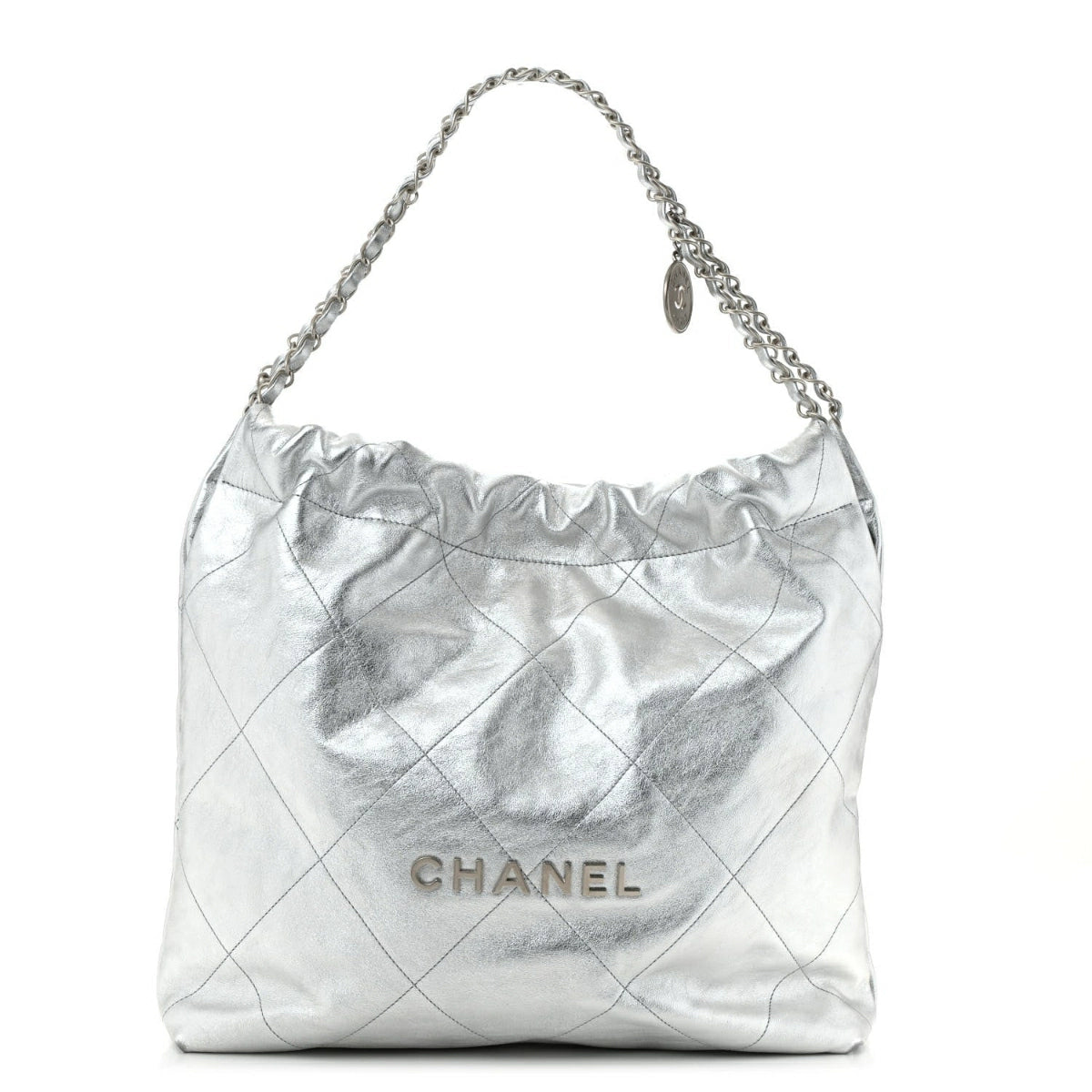 Metallic Calfskin Quilted Chanel 22 Silver