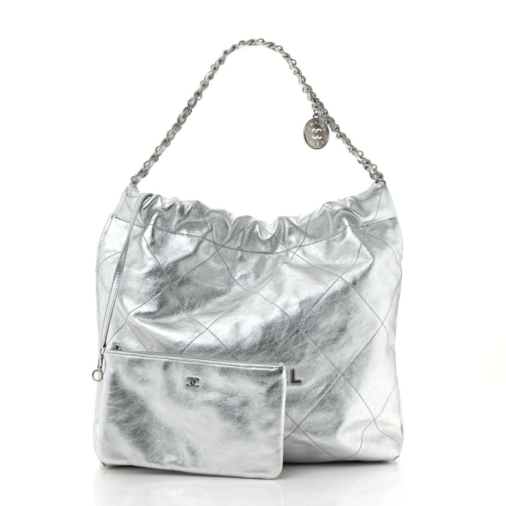 Metallic Calfskin Quilted Chanel 22 Silver