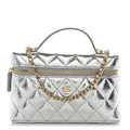 Metallic Calfskin Quilted Top Handle Slim Vanity With Chain Silver