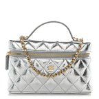 Metallic Calfskin Quilted Top Handle Slim Vanity With Chain Silver