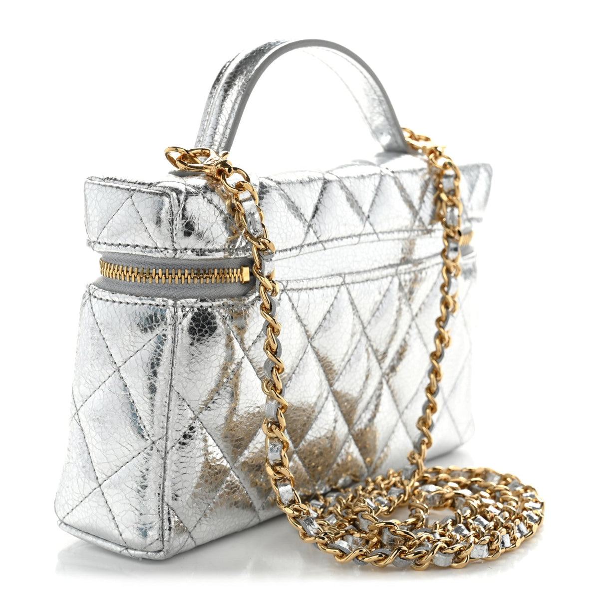 Metallic Calfskin Quilted Top Handle Slim Vanity With Chain Silver