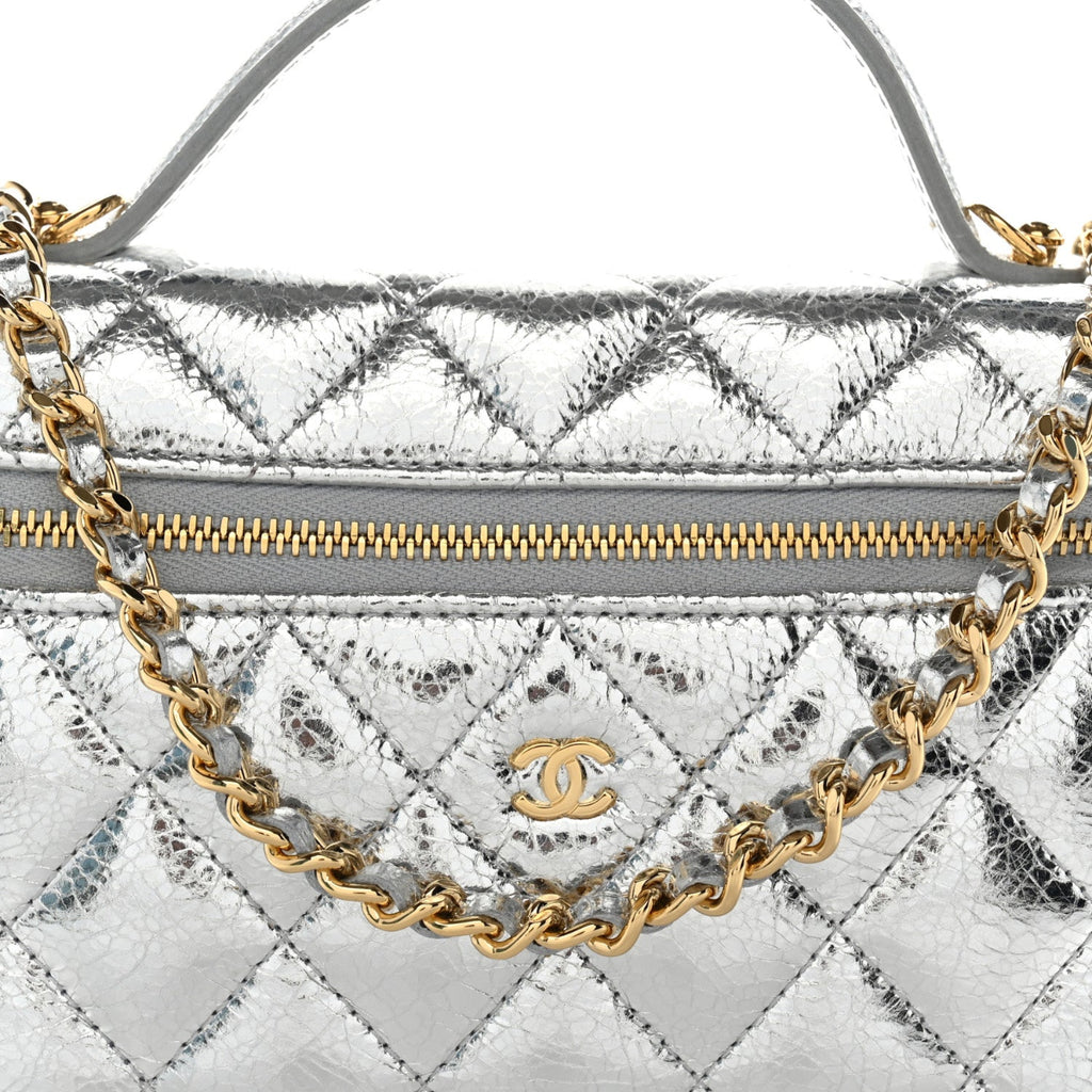 Metallic Calfskin Quilted Top Handle Slim Vanity With Chain Silver