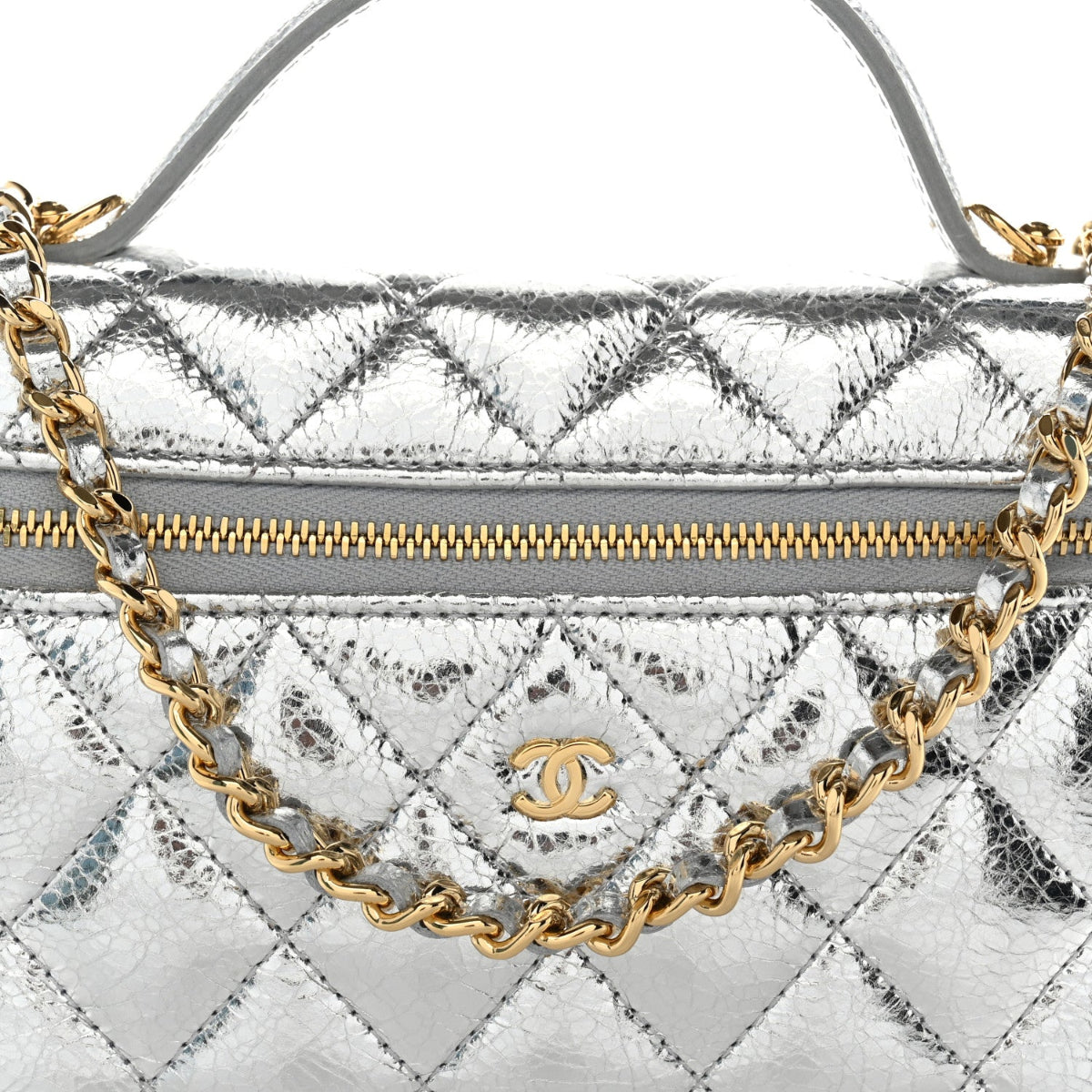 Metallic Calfskin Quilted Top Handle Slim Vanity With Chain Silver