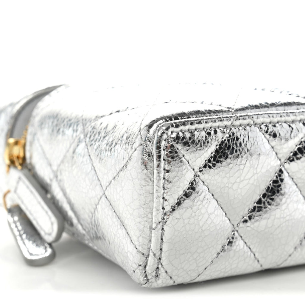 Metallic Calfskin Quilted Top Handle Slim Vanity With Chain Silver