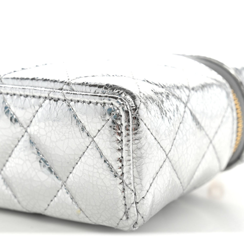 Metallic Calfskin Quilted Top Handle Slim Vanity With Chain Silver