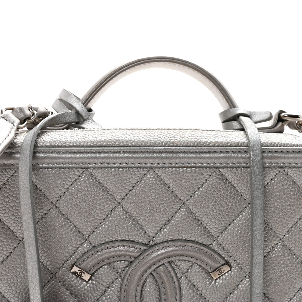 Metallic Caviar Quilted Medium CC Filigree Vanity Case Silver