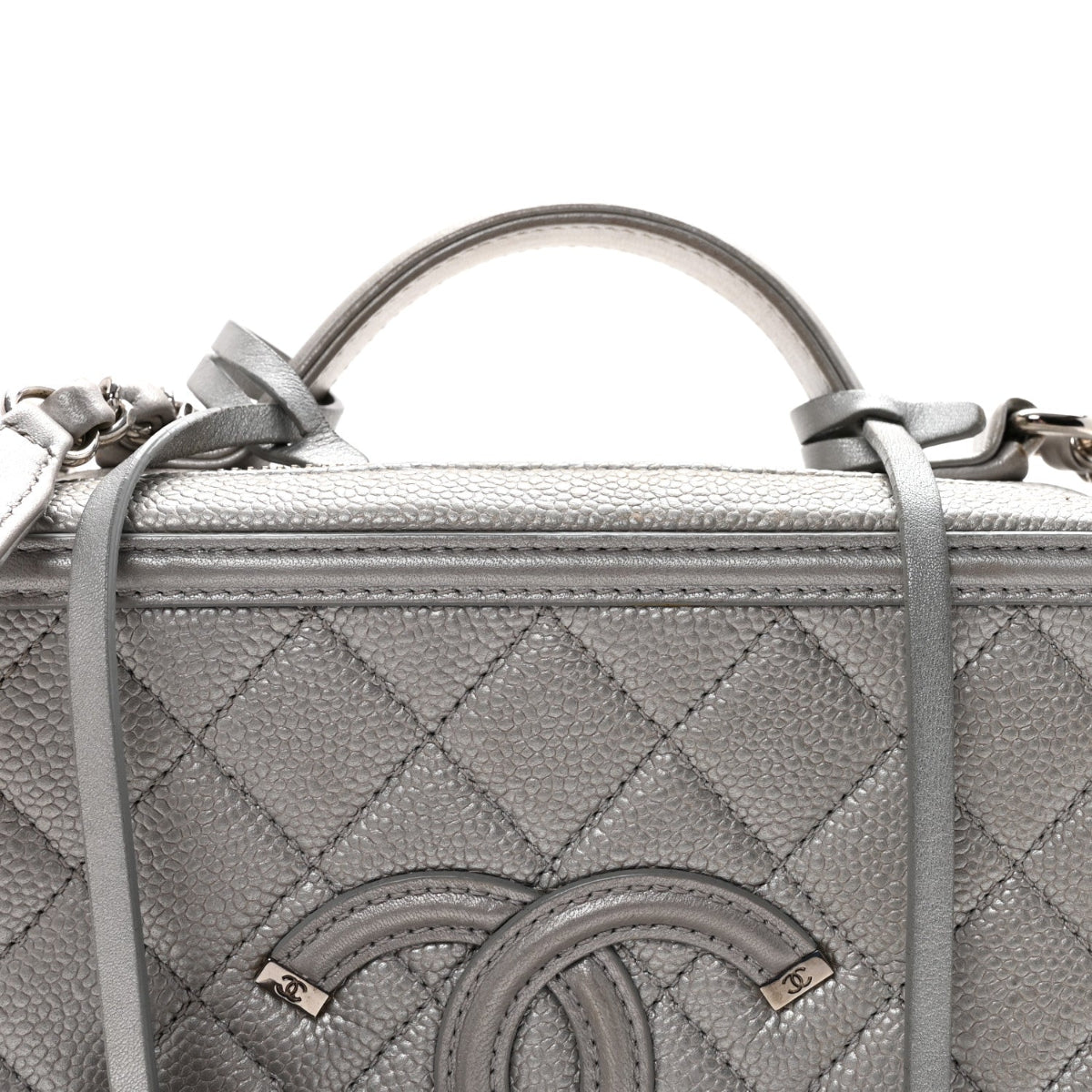 Metallic Caviar Quilted Medium CC Filigree Vanity Case Silver