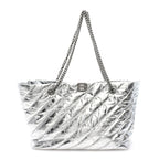 Metallic Crushed Calfskin Quilted Medium Crush Carry All Tote Bag Silver
