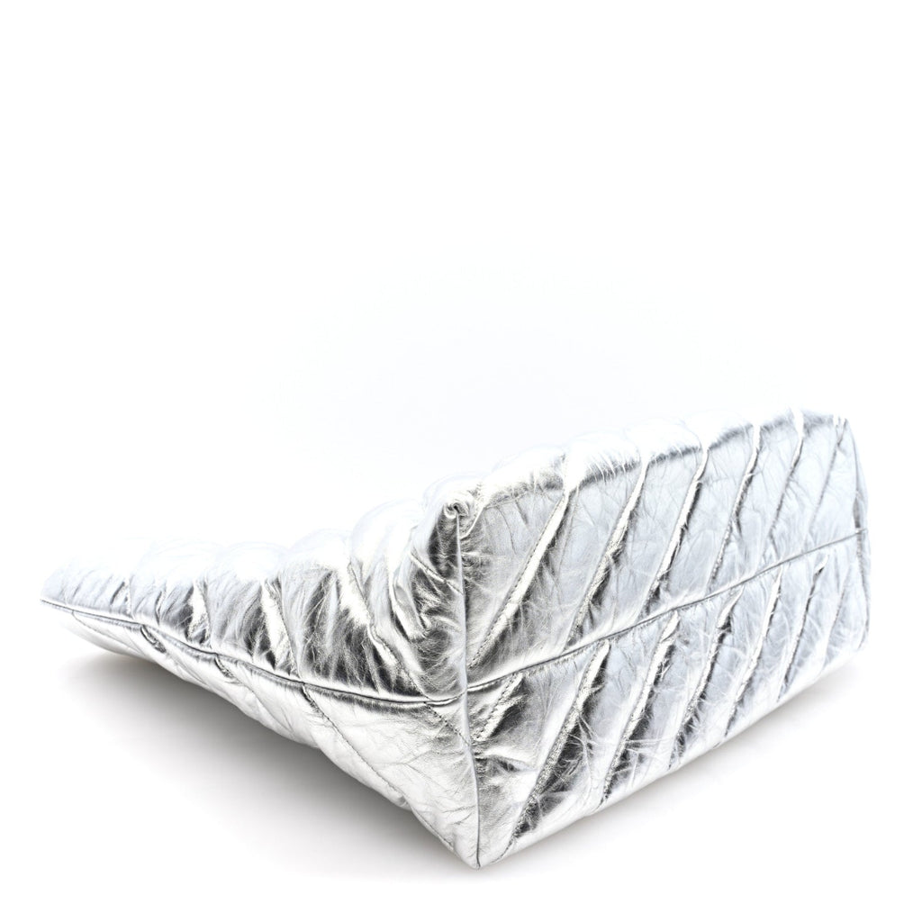 Metallic Crushed Calfskin Quilted Medium Crush Carry All Tote Bag Silver