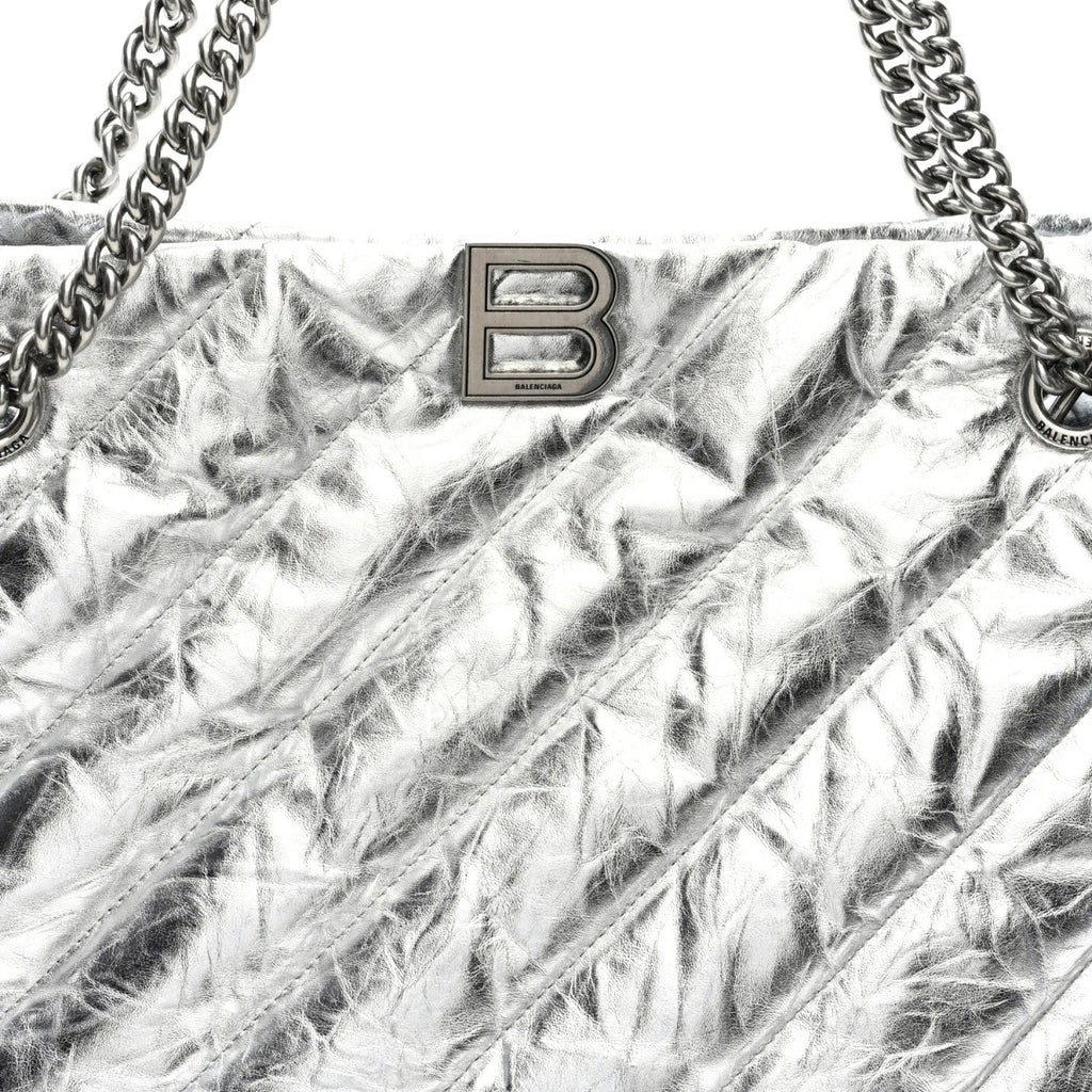 Metallic Crushed Calfskin Quilted Medium Crush Carry All Tote Bag Silver