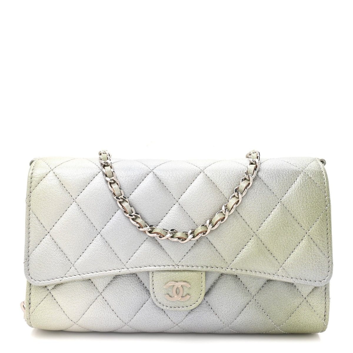 Metallic Goatskin Quilted Ombre Phone Holder Wallet on Removable Chain Grey Green
