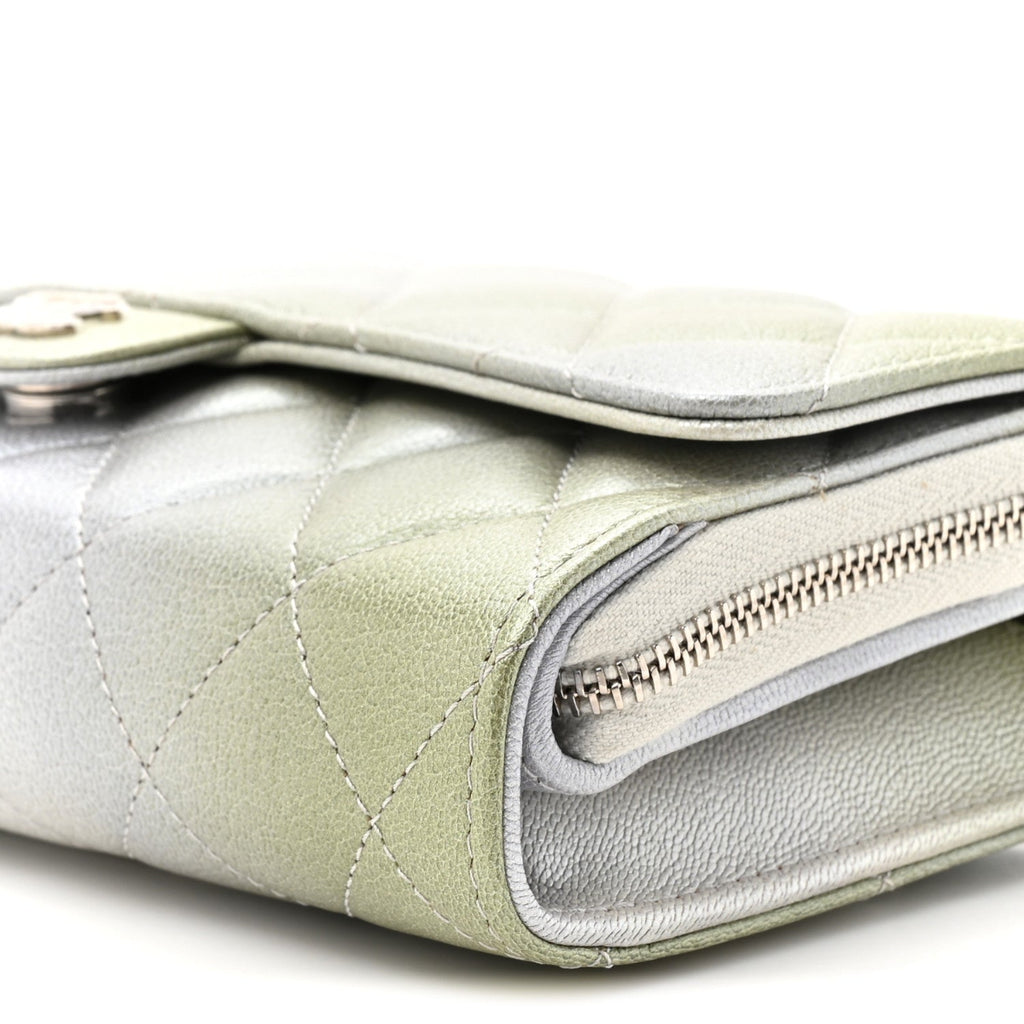 Metallic Goatskin Quilted Ombre Phone Holder Wallet on Removable Chain Grey Green